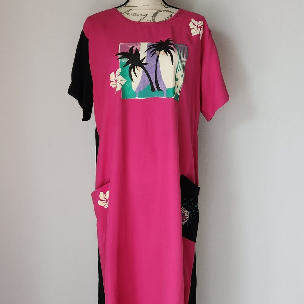 Crazy Fish Hawaii Tropical Maxi Dress Short Sleeve Pocket Rayon Pink Black